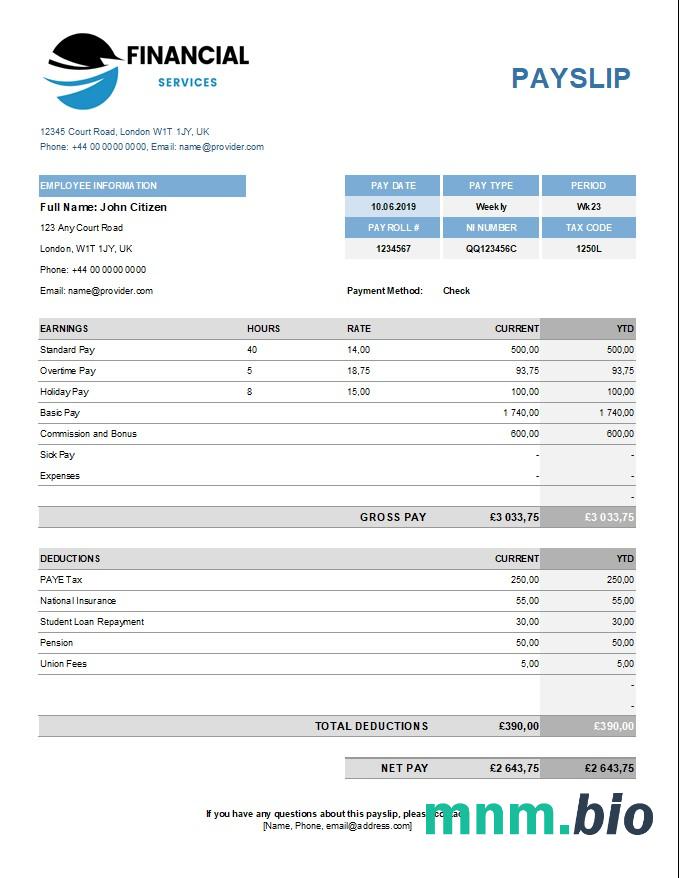 Szablon odcinka wypłaty usług finansowych w formatach Excel i PDF